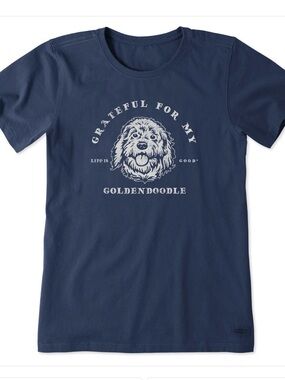 NWT LIFE IS GOOD WOMEN’S CRUSHER TEE SIZE LARGE COLOR DARK BLUE GOLDENDOODLE